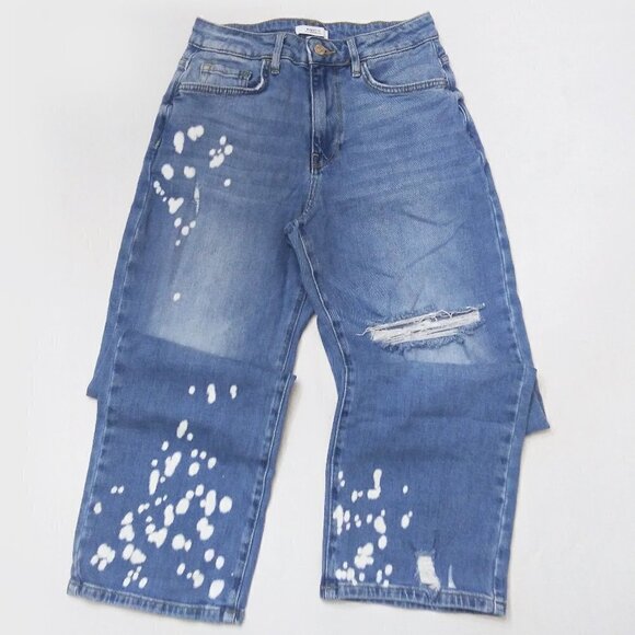 FOREVER 21 Premium Distressed Straight Slouchy Jeans Bleach Dye Paint Splatter - Picture 4 of 9